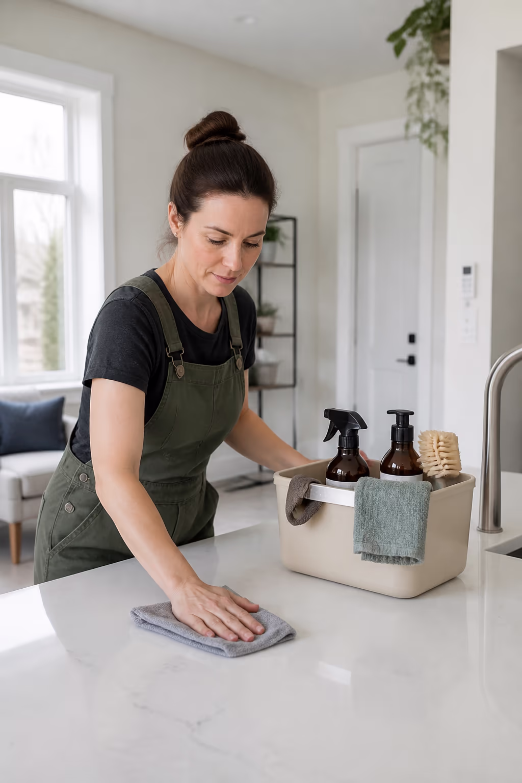 A portrait of a professional cleaner arranging an eco-friendly supply caddy on a clutter-free counter in a bright Ottawa home, showing the non-judgemental, safe help available for a decluttering visit.