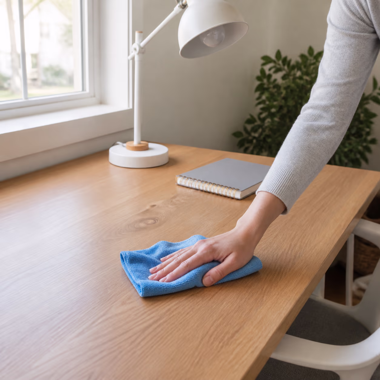 A square view of a clean, uncluttered desk surface in a bright Ottawa home holding only a notebook and a lamp, showing how removing visual noise makes focusing easier for someone with ADHD.