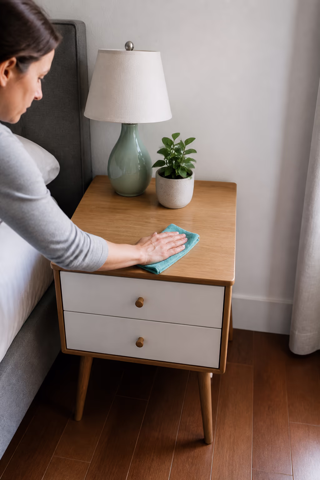 A portrait of a calm, freshly cleared corner of an Ottawa bedroom with a tidy surface beside the bed and empty floor space, showing how a decluttered room lowers the mental load of ADHD.