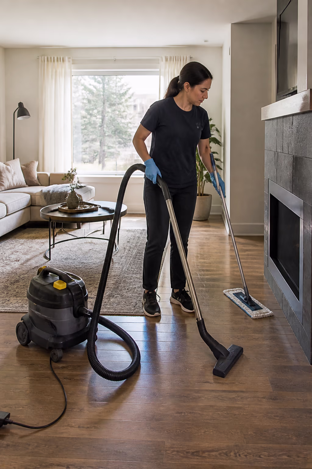 A portrait of a professional cleaner finishing the last pass of a room with a vacuum and a damp mop in a bright Ottawa living room, showing the final inspection that catches missed spots before the job is done.