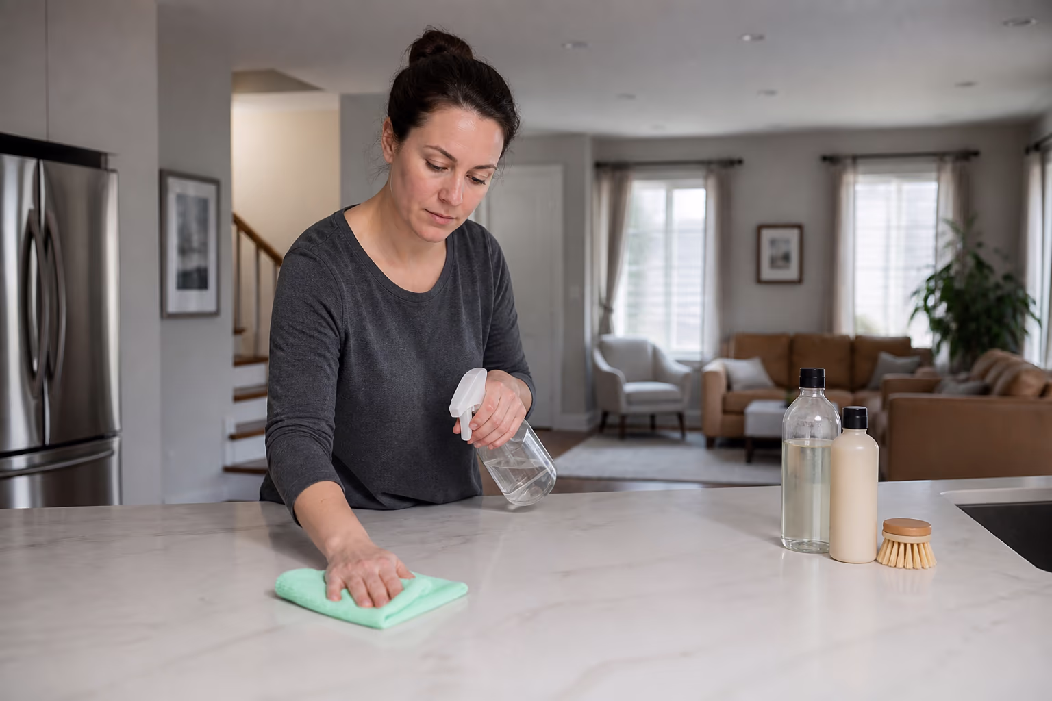 A professional cleaner misting a plant-based spray onto a kitchen counter and wiping with a microfibre cloth in a bright Ottawa home, with fragrance-free supplies close by and a healthy, low-residue living space.