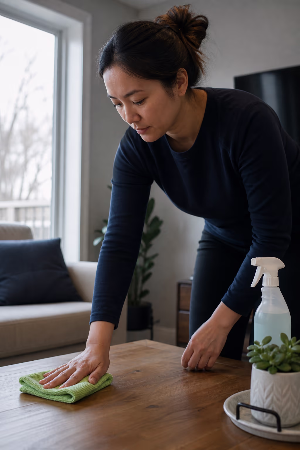 A portrait of a professional cleaner restocking a bright Ottawa home's cleaning shelf with certified, low-fume eco-friendly products and folded microfibre cloths.