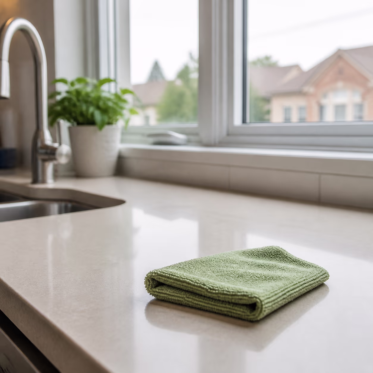 A square view of a clean, residue-free kitchen counter and window ledge in an Ottawa home after an eco-friendly clean, with a folded microfibre cloth and soft daylight showing fewer lingering product fumes.