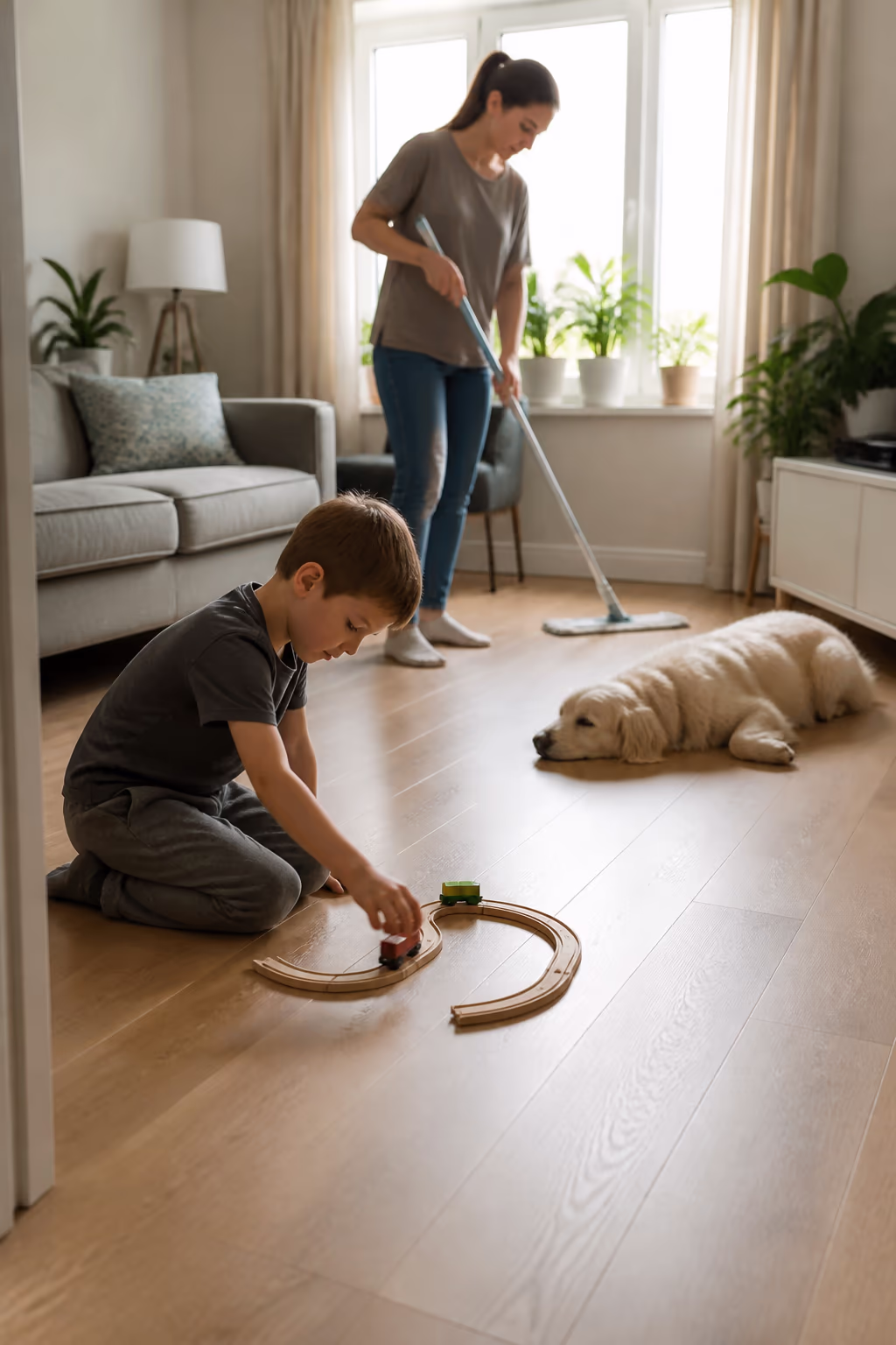A portrait of a bright Ottawa living room after a low-fume clean, with a child playing on a spotless floor, a pet resting nearby and clean surfaces that rinse free of chemical film.