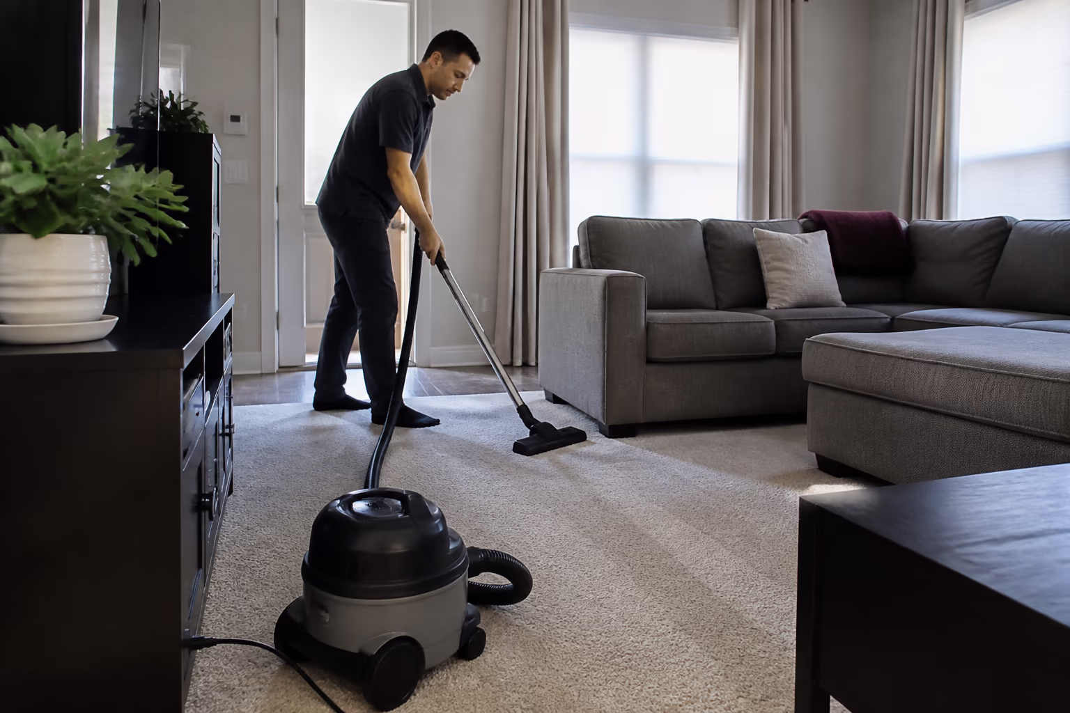 A professional cleaner running a vacuum across a carpeted Ottawa living-room floor in straight overlapping passes, working from the far corner toward the door while the furniture stays in place.