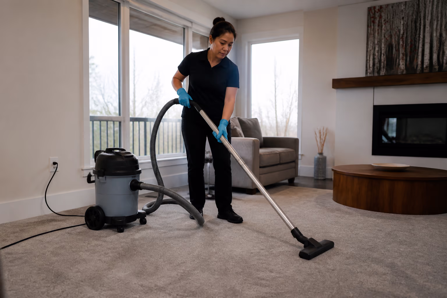 A landscape view of a cleaning technician vacuuming a carpeted Ottawa living room with a sealed HEPA machine, using the straight overlapping pass order that keeps winter salt and grit from grinding into the pile.