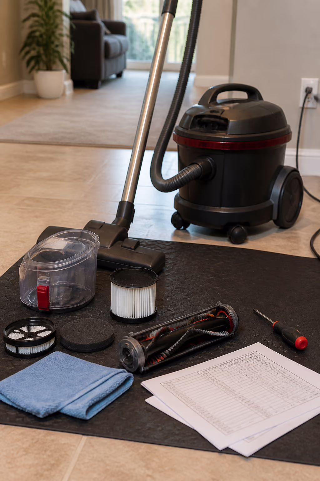 A portrait of a vacuum cleaner laid out for maintenance on a mat in a bright Ottawa home, with the bin, filters and brush roll beside the manufacturer's schedule, ready to be cleaned and checked.