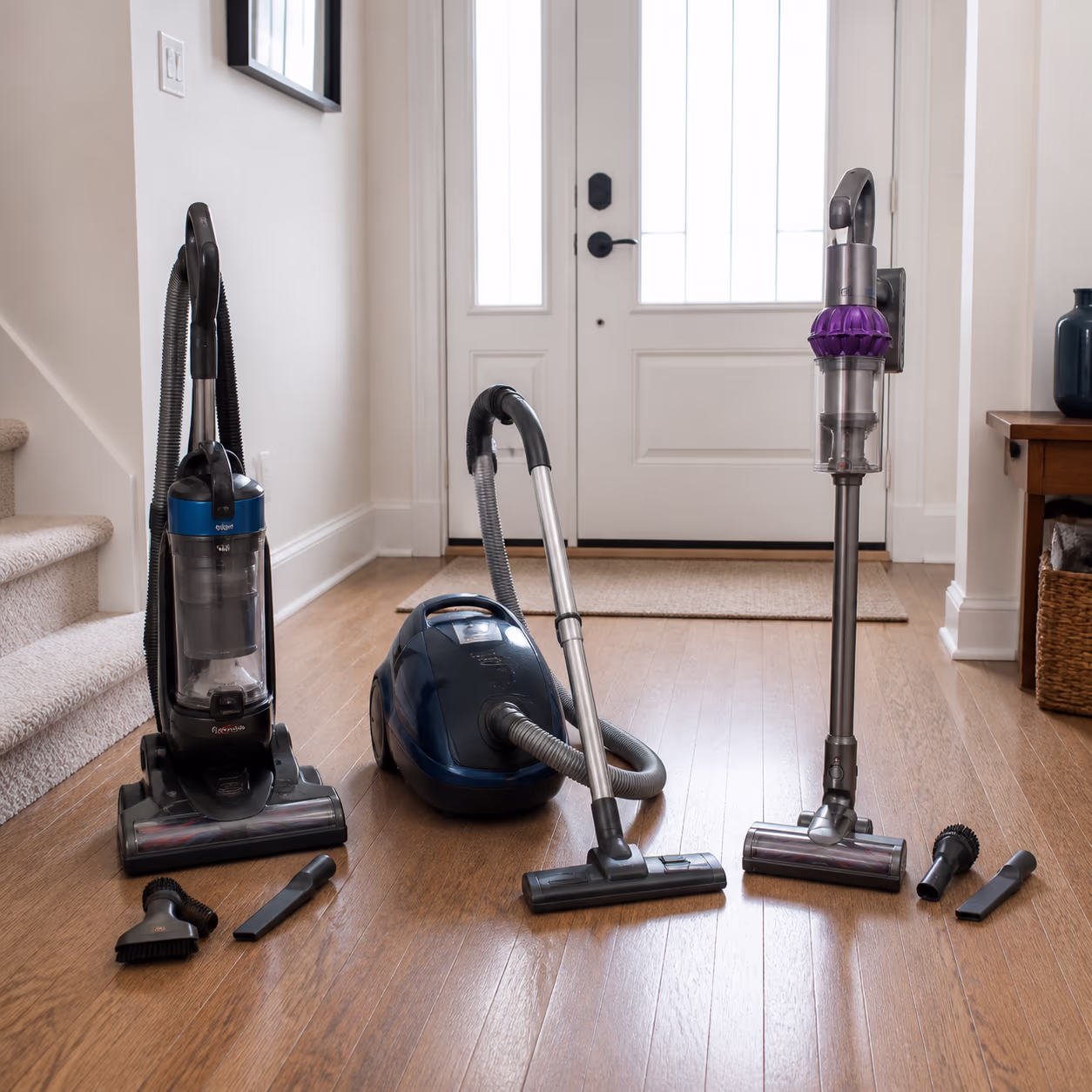A square view of three home vacuum types standing side by side in a bright Ottawa entryway: an upright, a canister and a cordless stick, each staged with its tools for the buying guide that follows.