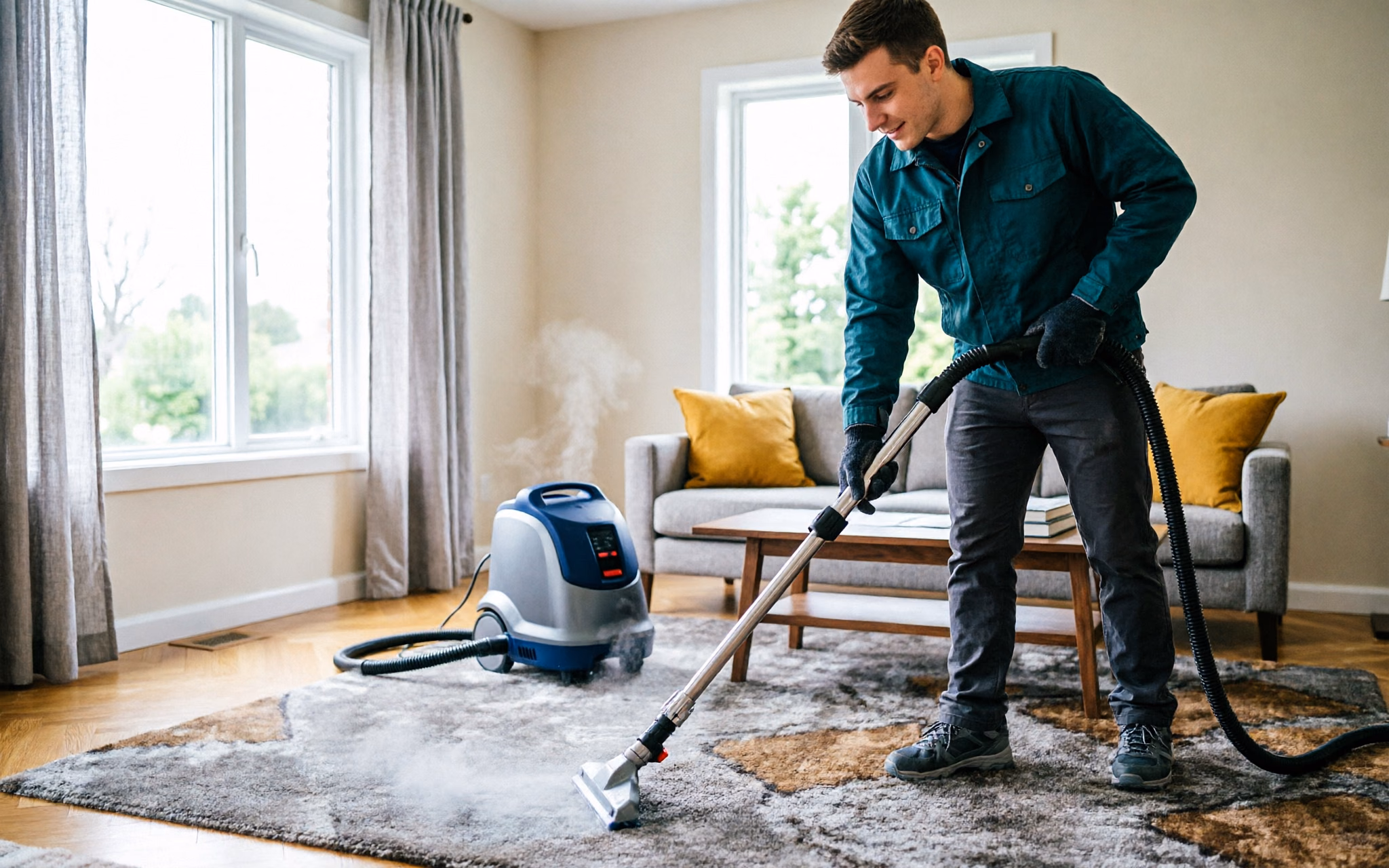 A professional carpet cleaner running a hot water extraction wand across a carpeted Ottawa living room in overlapping passes, with the machine and hose set up beside the furniture that stays in place.