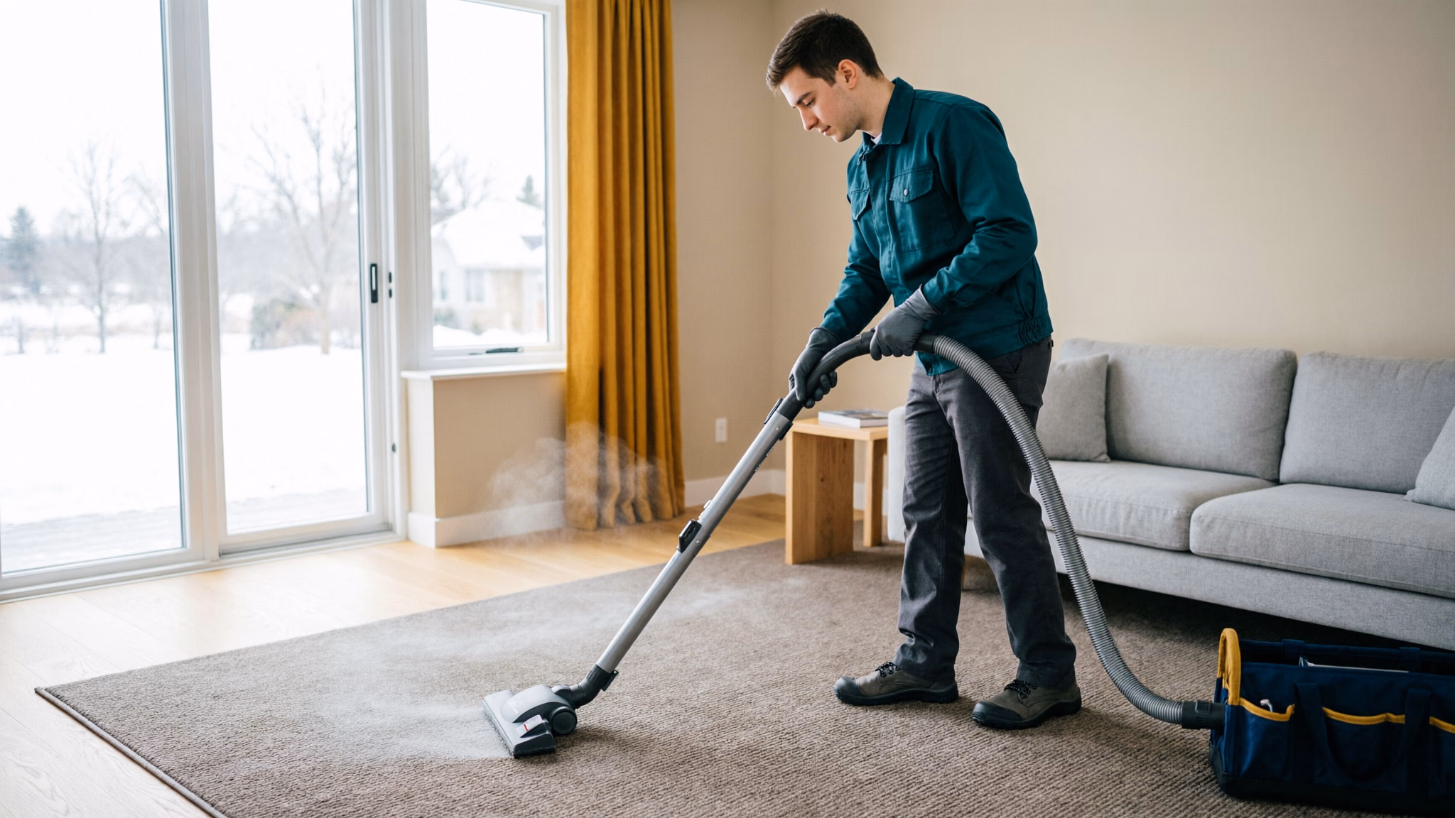 A landscape view of a professional cleaner vacuuming a carpeted Ottawa living room in straight overlapping passes, working from the far corner toward the door so winter salt and grit lift out of the pile.