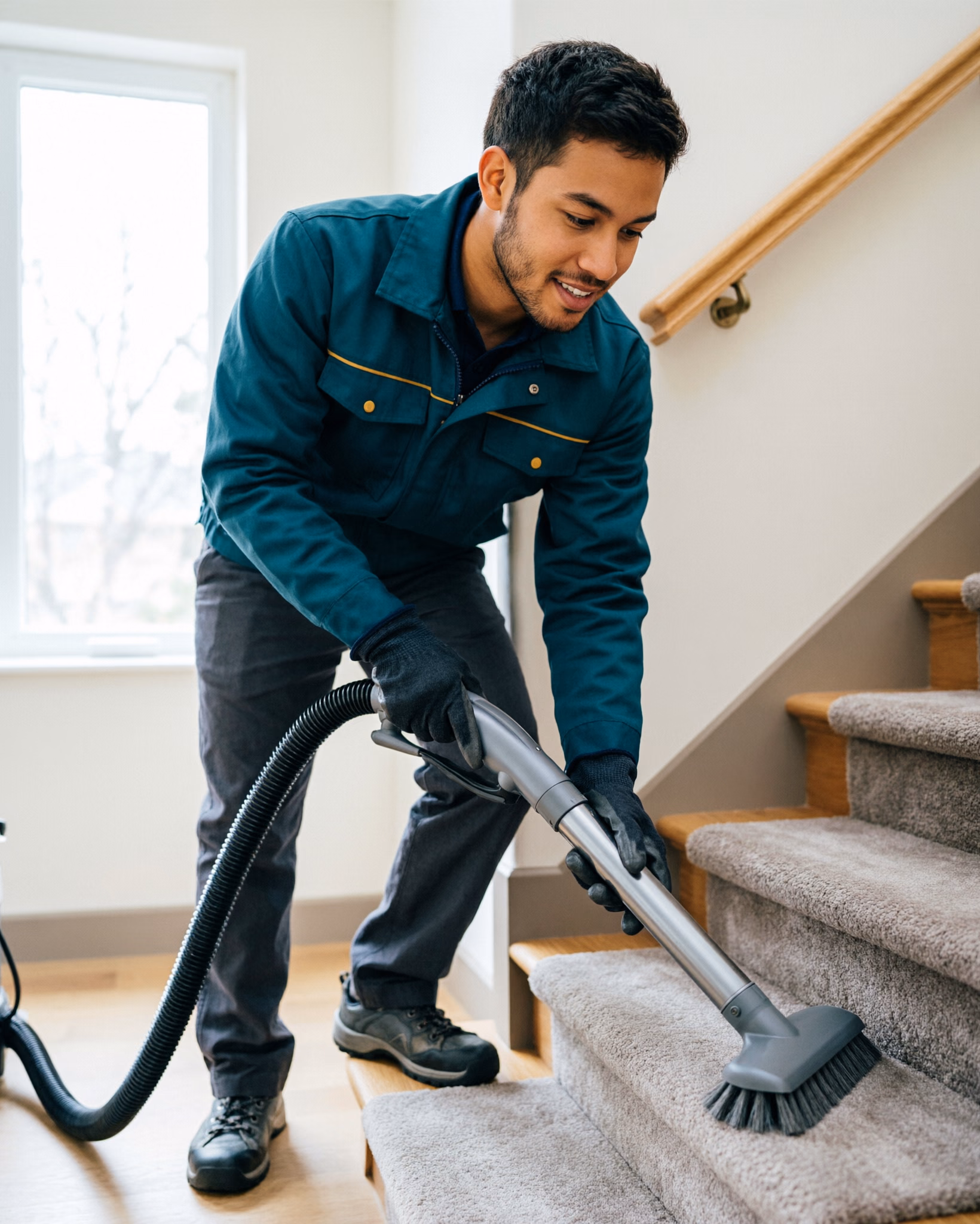 A portrait of a carpet and upholstery extraction wand being run across a carpeted Ottawa stair with the machine hose at hand, showing the low-moisture clean that dries quickly.