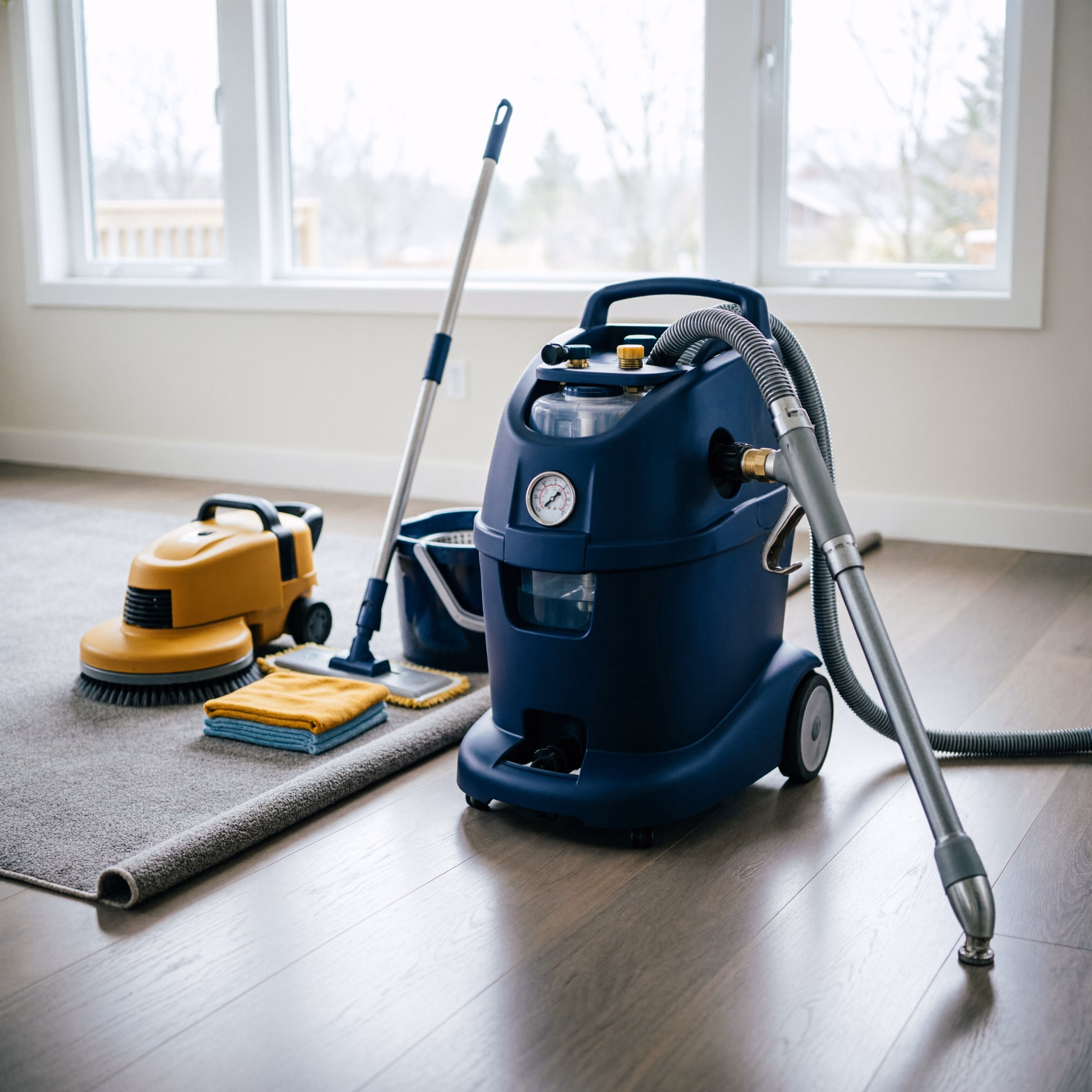 A square view of a carpet cleaning machine and extraction wand staged on a bright Ottawa floor, with the foam and low-moisture tools ready beside the carpet that will be cleaned.