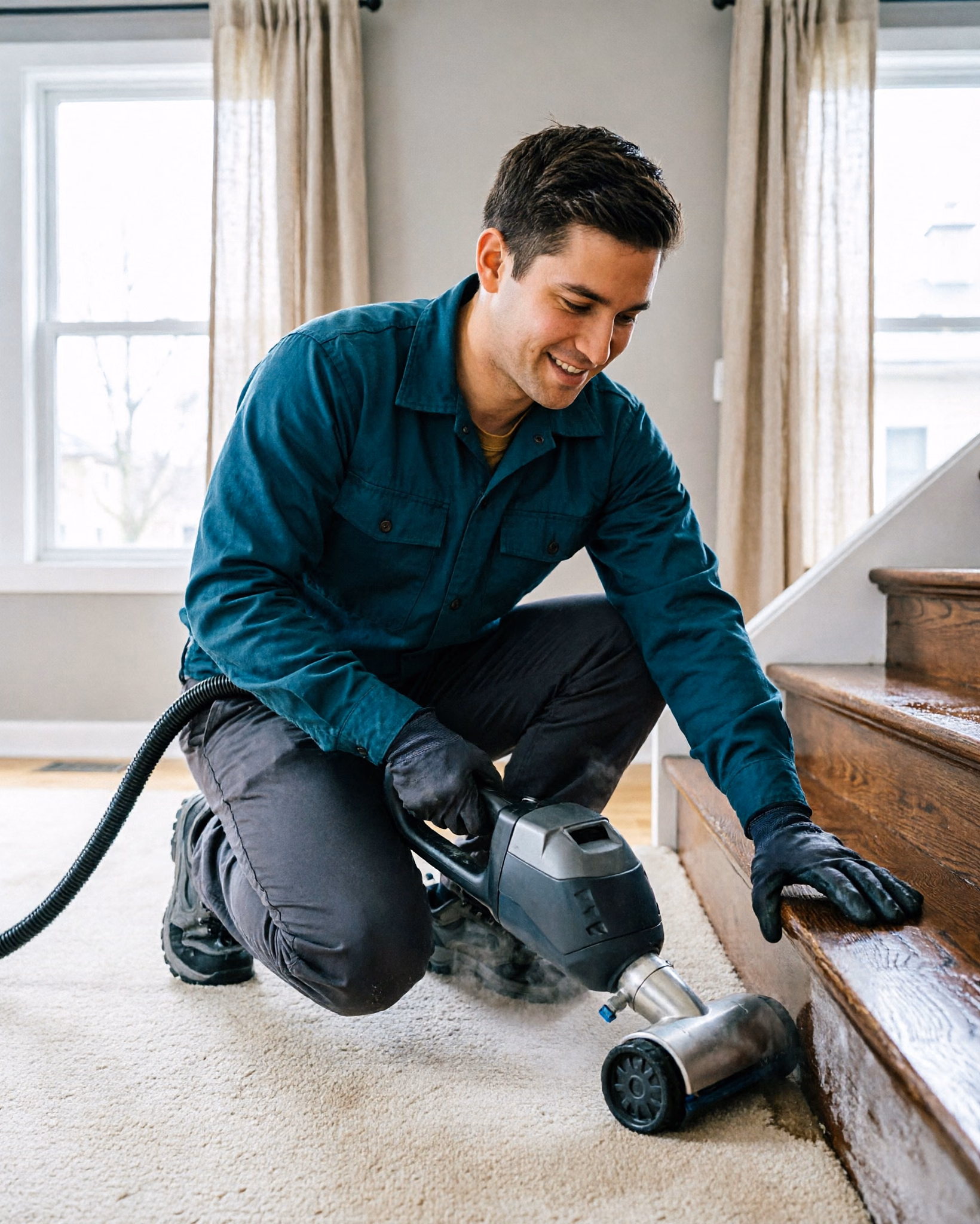 A portrait of a professional cleaner working a carpet-cleaning wand along the edge of a stair and carpet in an Ottawa home, then checking the treated area for an even finish.