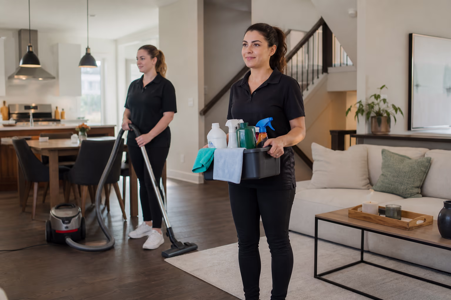 Two housekeeping team members holding cleaning supplies in a bright Ottawa home, ready to begin a scheduled residential housekeeping visit.