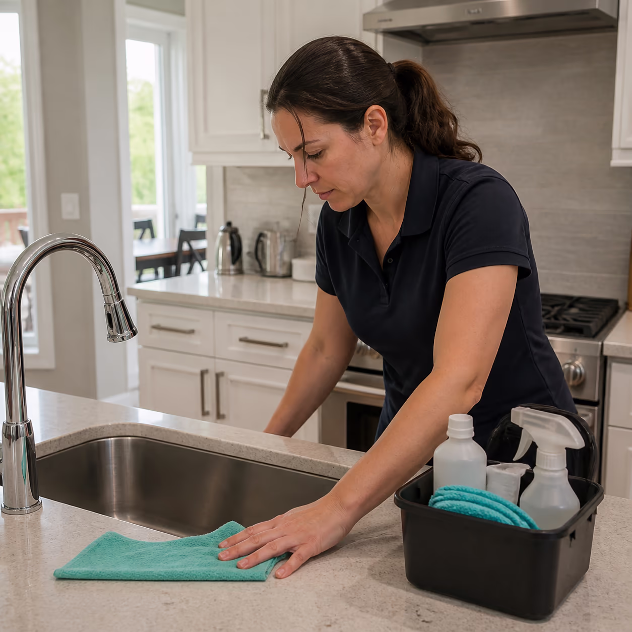 A square view of a professional housekeeper wiping a kitchen countertop and sink in a bright Ottawa home, with the cleaning caddy and microfibre cloths ready at hand.
