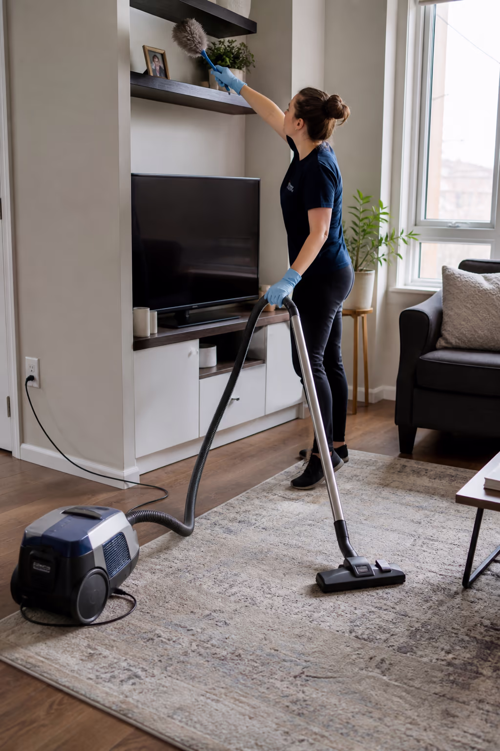 A portrait of a professional housekeeper working top-down in an Ottawa living room, dusting a high shelf before vacuuming and mopping the floor beneath.