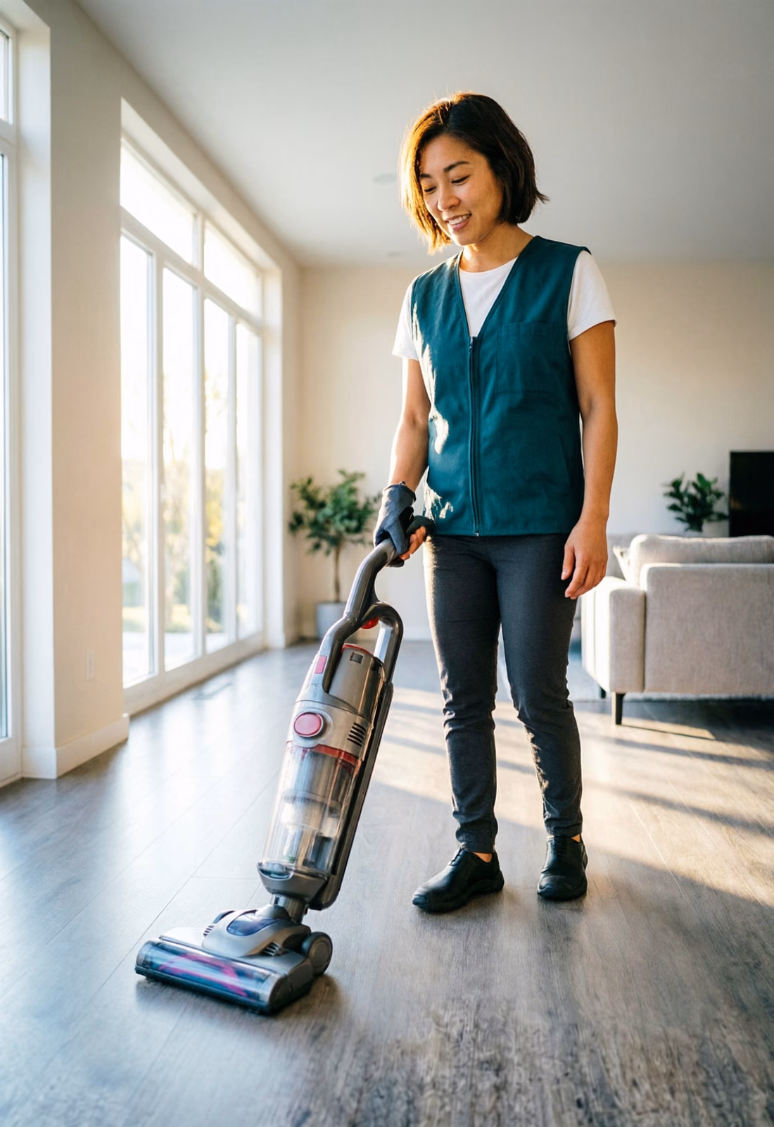 A professional house cleaner holding cleaning supplies in a bright Ottawa home, ready to begin a scheduled residential house cleaning visit.