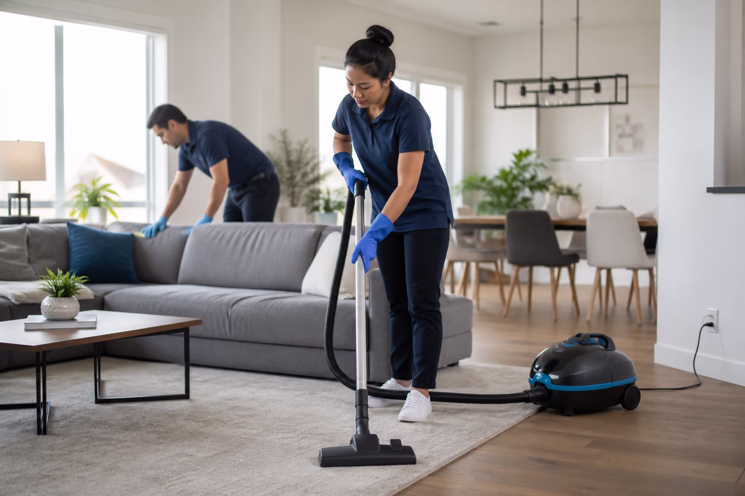A landscape view of the team in matching uniforms working through a bright Ottawa living room, vacuuming and wiping surfaces on a scheduled residential house cleaning visit.