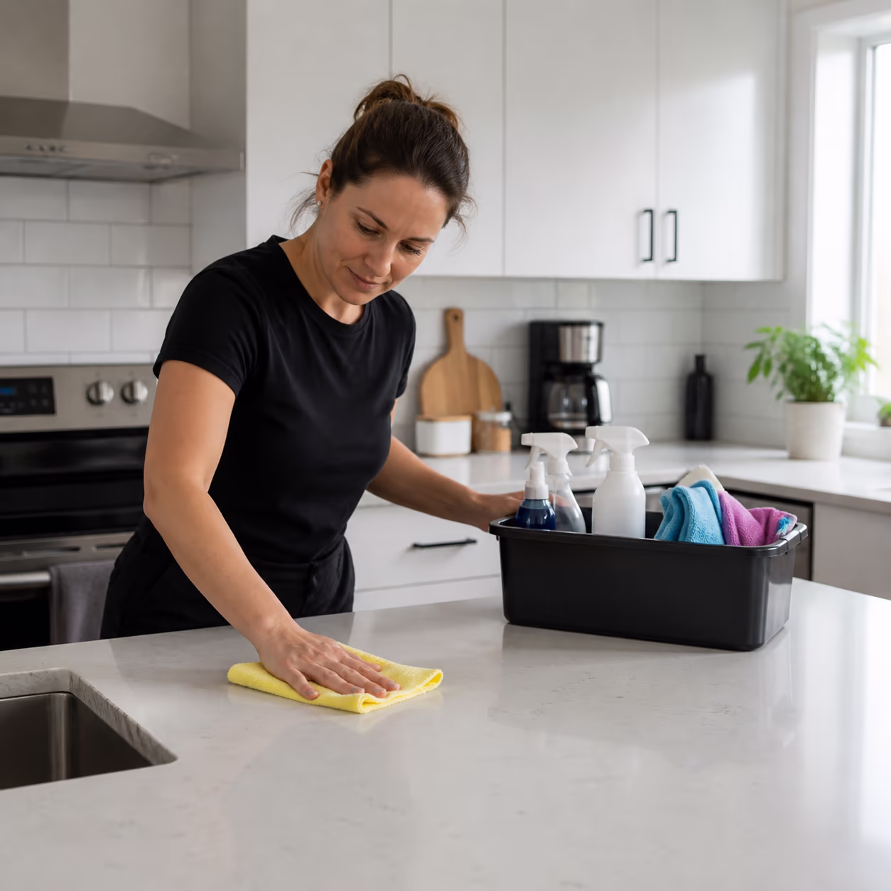 A square view of a house cleaner working through a bright Ottawa kitchen, with the cleaning caddy, microfibre cloths and certified products ready at hand, showing the defined scope behind a flat-rate quote.