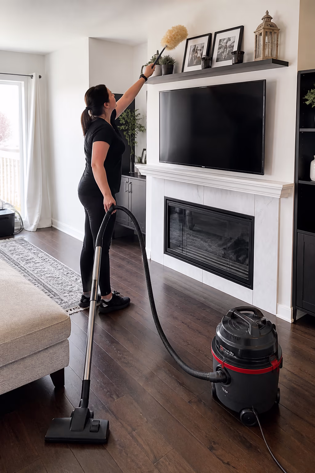 A portrait of a professional house cleaner working top-down in an Ottawa living room, dusting a high shelf before vacuuming and mopping the floor beneath.