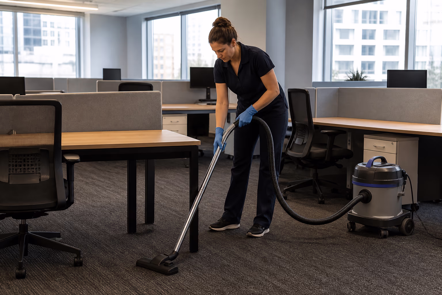 A professional office cleaning team wiping desks, emptying bins and vacuuming the floor in a bright open-plan Ottawa office during a scheduled after-hours visit.