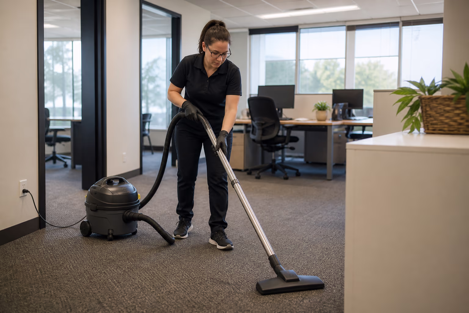 A landscape view of the team in matching uniforms working through a bright Ottawa office, vacuuming and wiping surfaces on a recurring commercial cleaning visit.