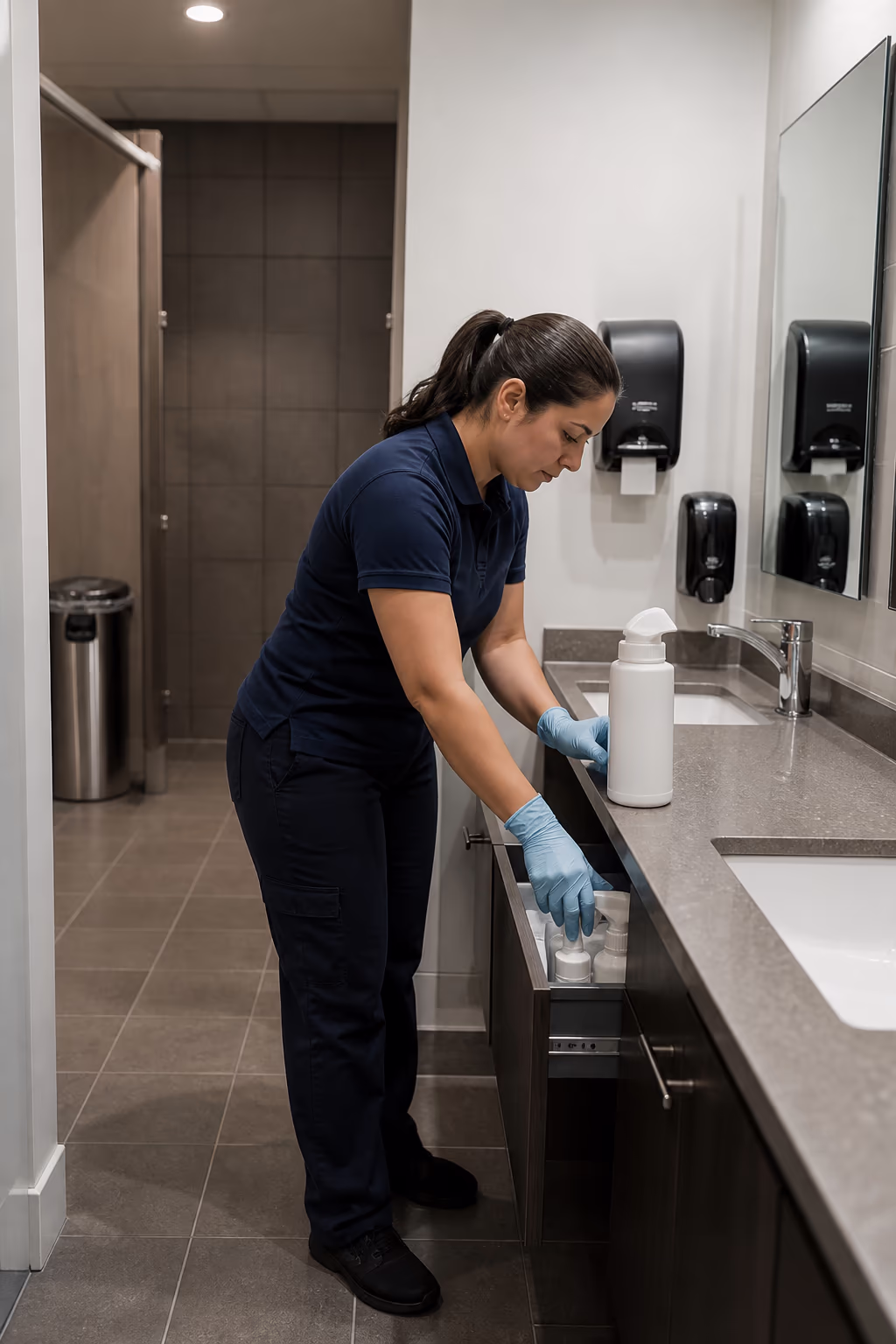 A portrait of a cleaning technician restocking an Ottawa office washroom with certified cleaning products and touchless dispensers after hours.