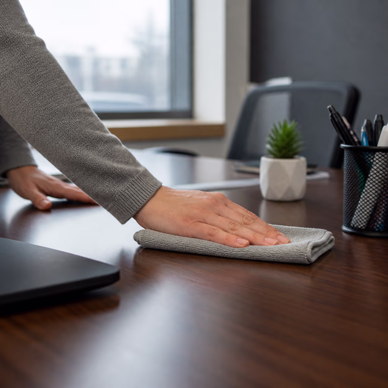 A tidy, ordered Ottawa office desk with clear surfaces and neatly arranged supplies, showing how removing visual clutter supports focus.