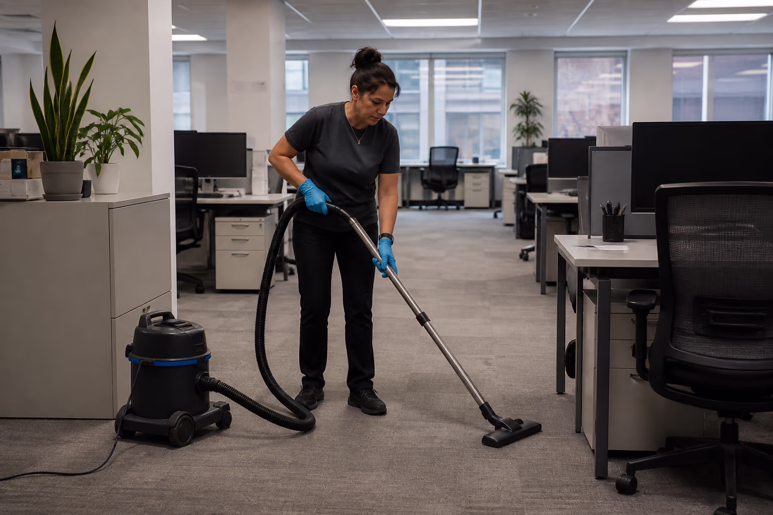 A professional office cleaning crew vacuuming and wiping down a busy open-plan Ottawa office during an after-hours commercial cleaning visit, with desks and shared surfaces staged for the next workday.