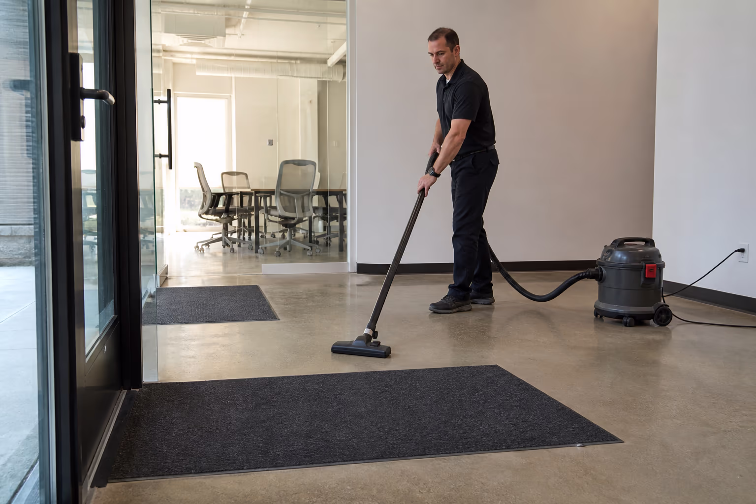 A landscape view of the team in matching uniforms vacuuming and mopping through a bright Ottawa office, with entry mats set out ahead of the winter salt season.