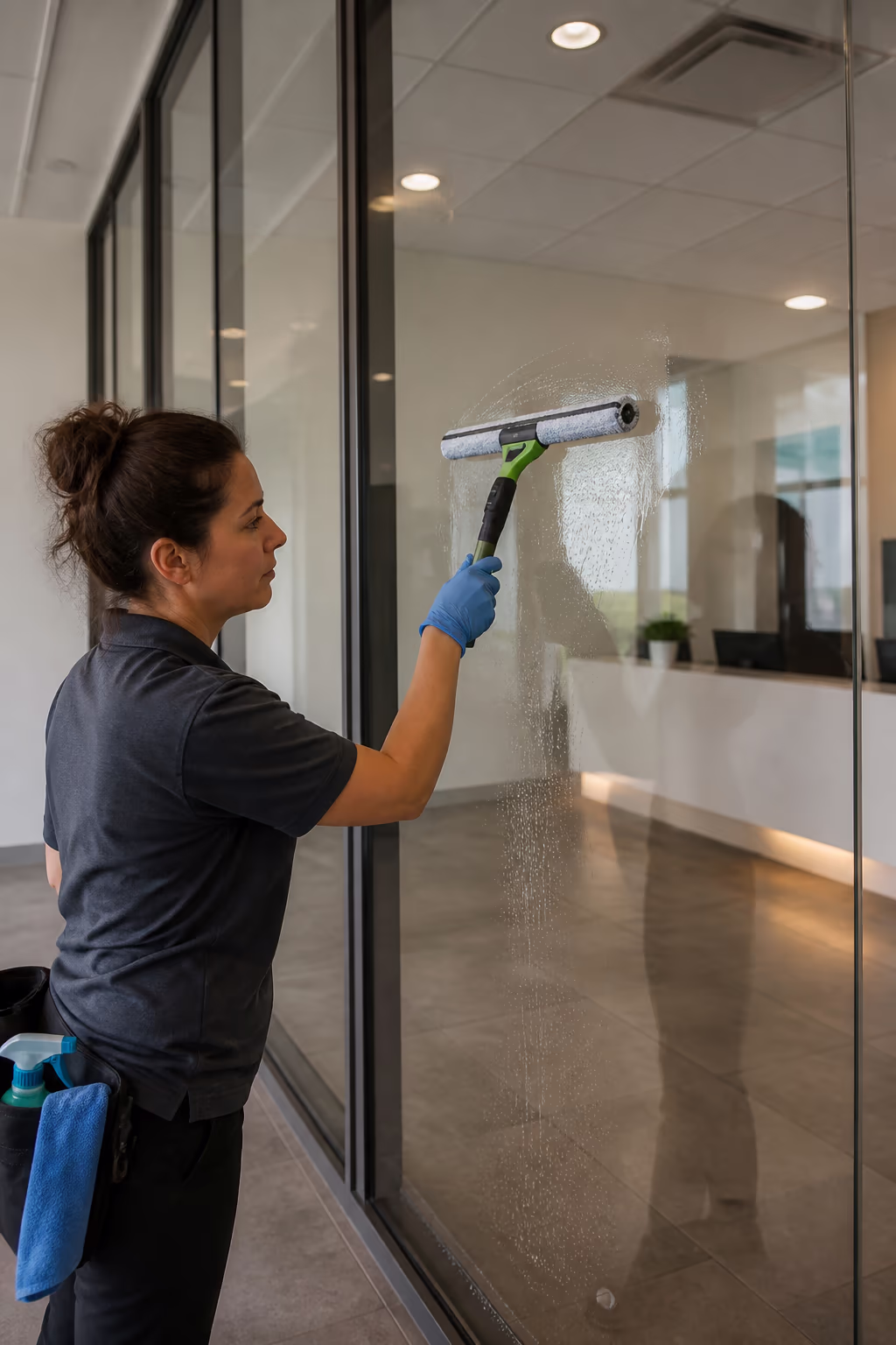 A portrait of a cleaning technician applying a certified cleaning product to a glass partition in an Ottawa office lobby, with the reception area kept presentable for visitors.