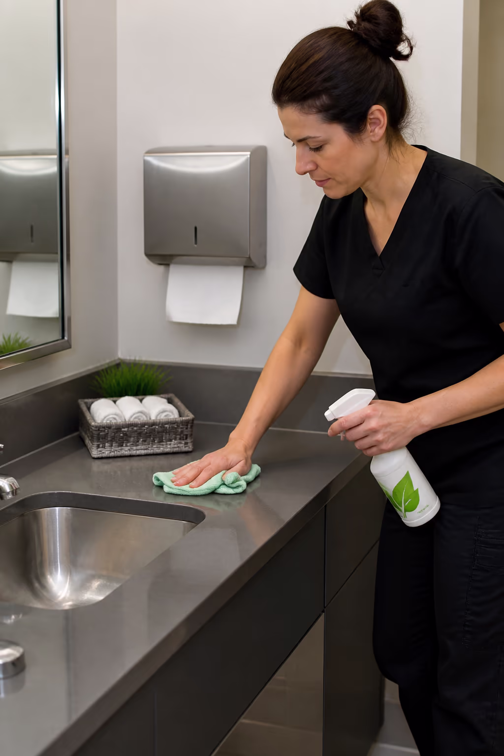 A portrait view of an office cleaner restocking a washroom and wiping high-touch surfaces with an eco-friendly product during a scheduled Ottawa office cleaning visit.