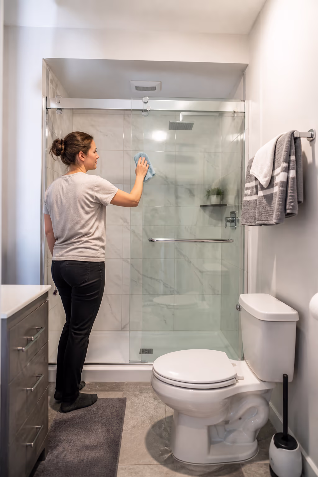 A portrait of a clean Ottawa family bathroom with a sparkling shower door, a tidy vanity, a separate toilet brush beside the bowl and fresh towels ready for the household.