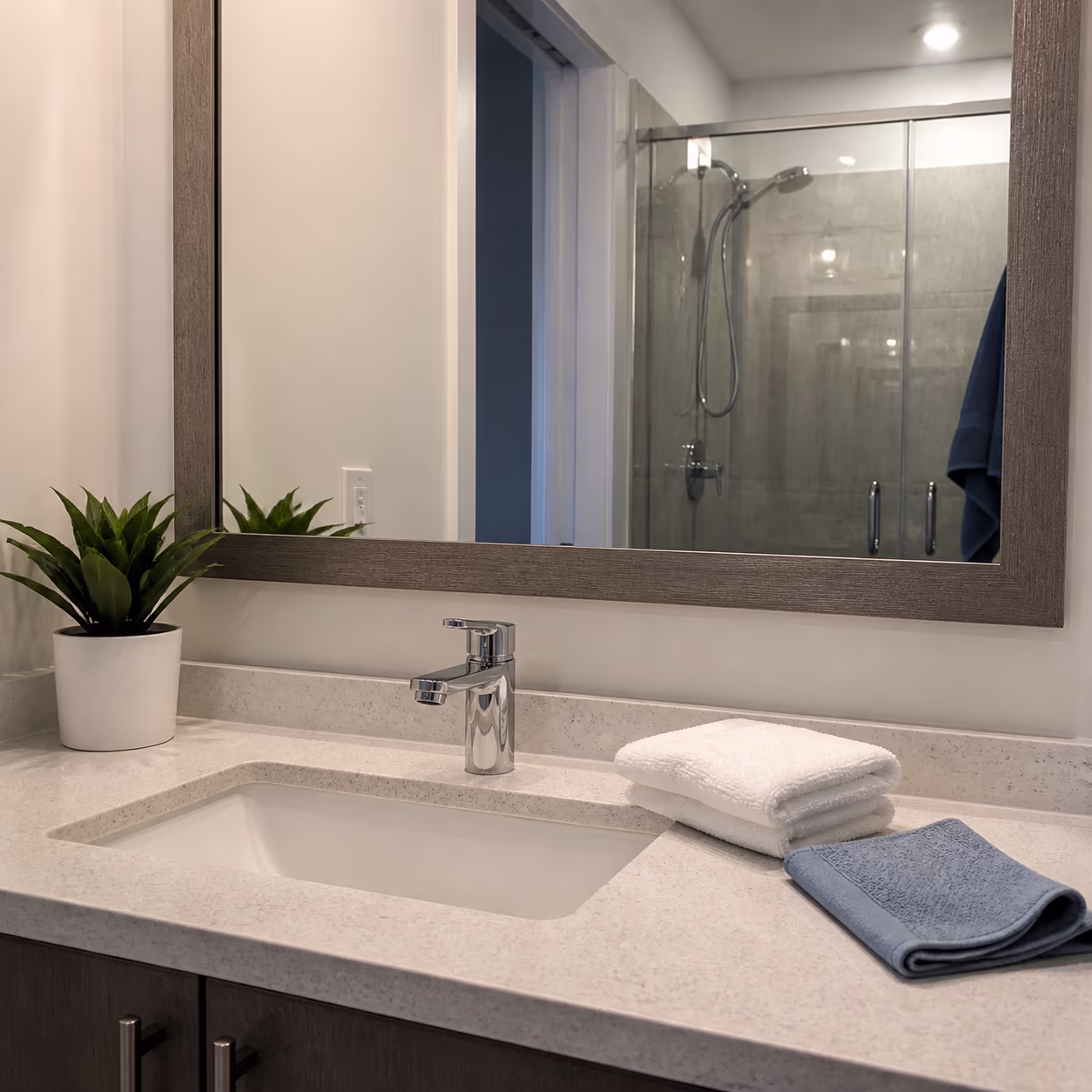 A square close-up of a clean Ottawa bathroom vanity with a wiped mirror, a folded towel and a microfibre cloth beside the tap after a weekly home clean.