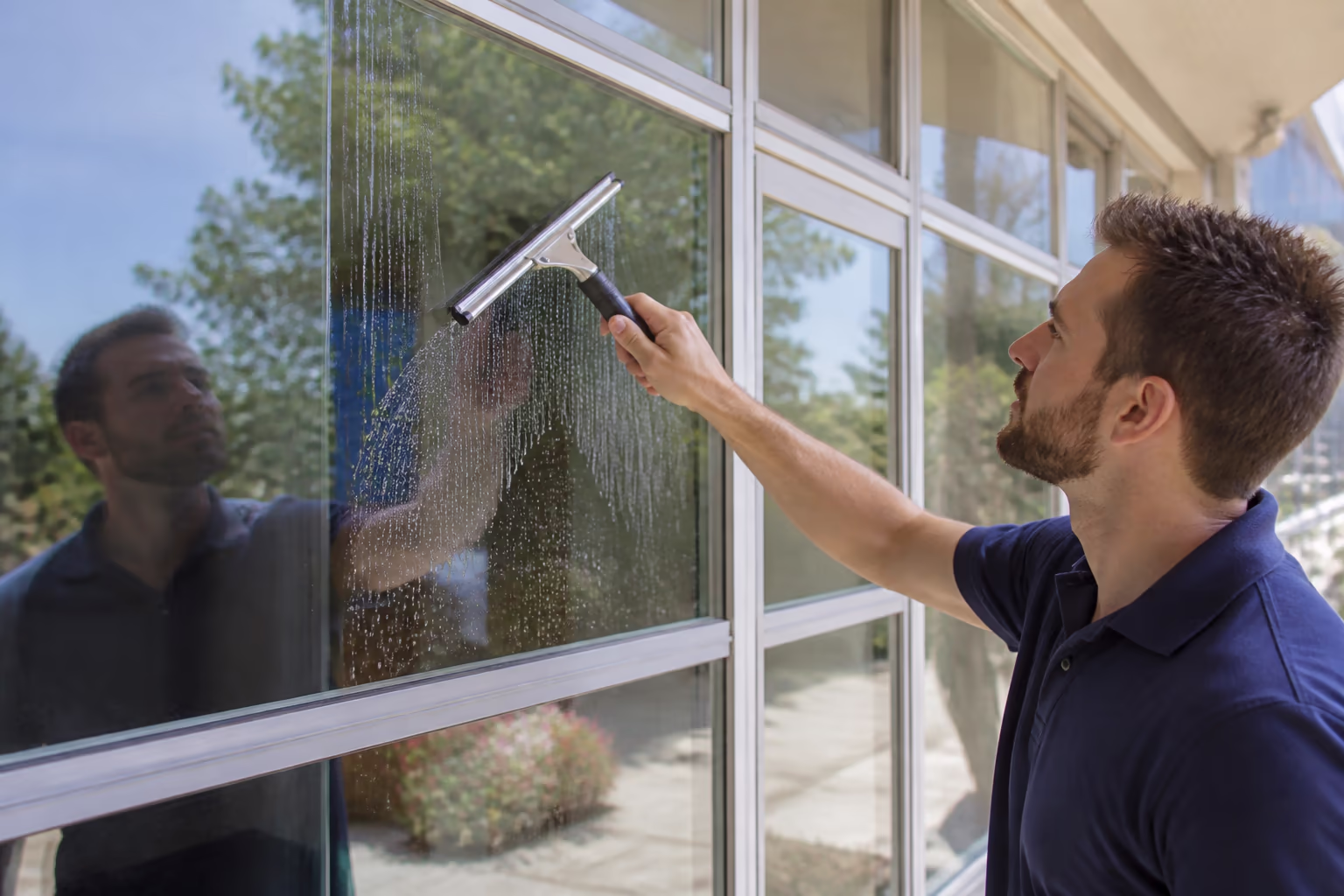 A team of professional window cleaners polishing a large glass frontage on a bright Ottawa day, drawing squeegees down the panes to a streak-free finish.