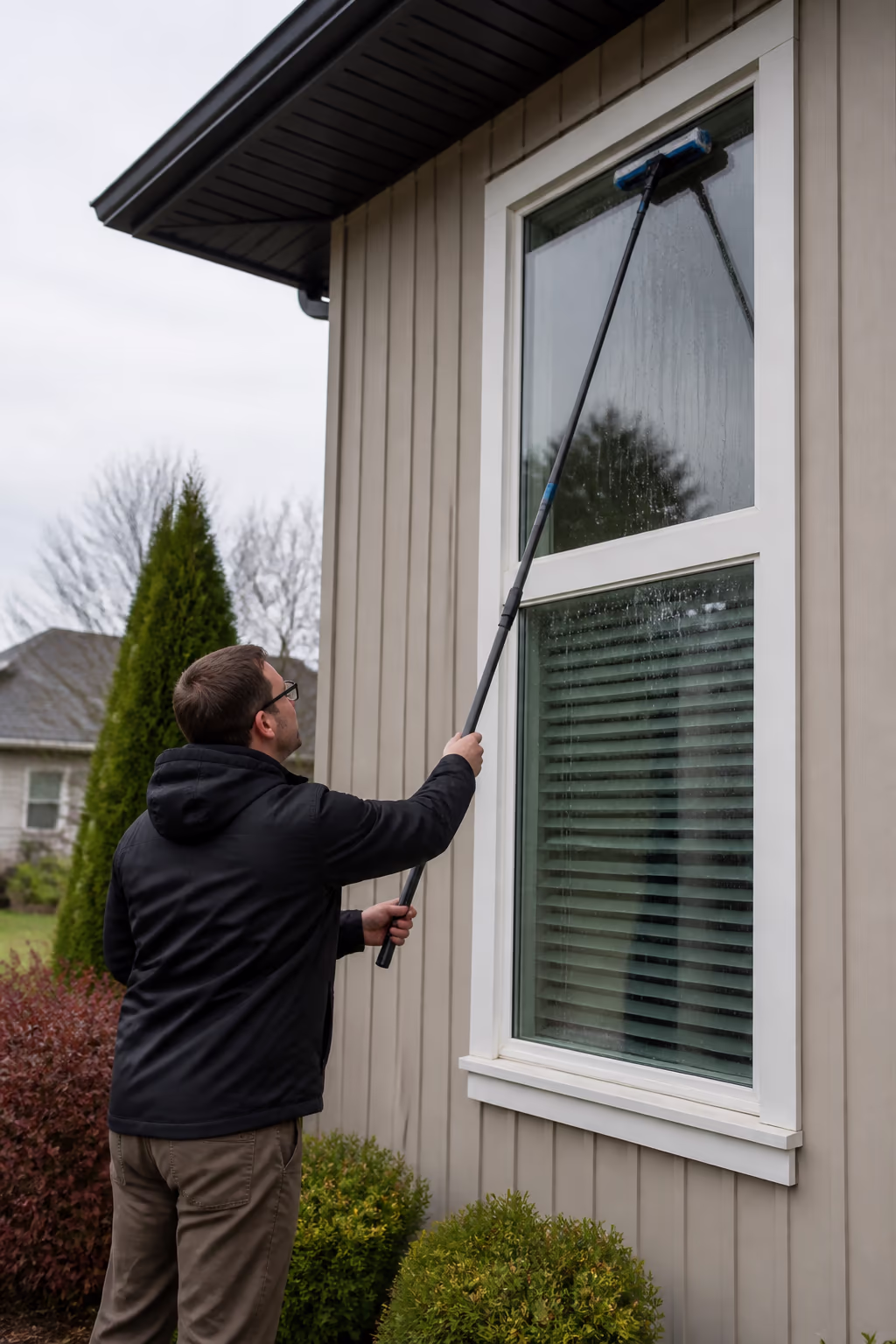 A portrait of a homeowner cleaning a single-storey window from the ground with a telescopic pole and a squeegee on a cloudy day, rinsing the glass before a streak-free pass.