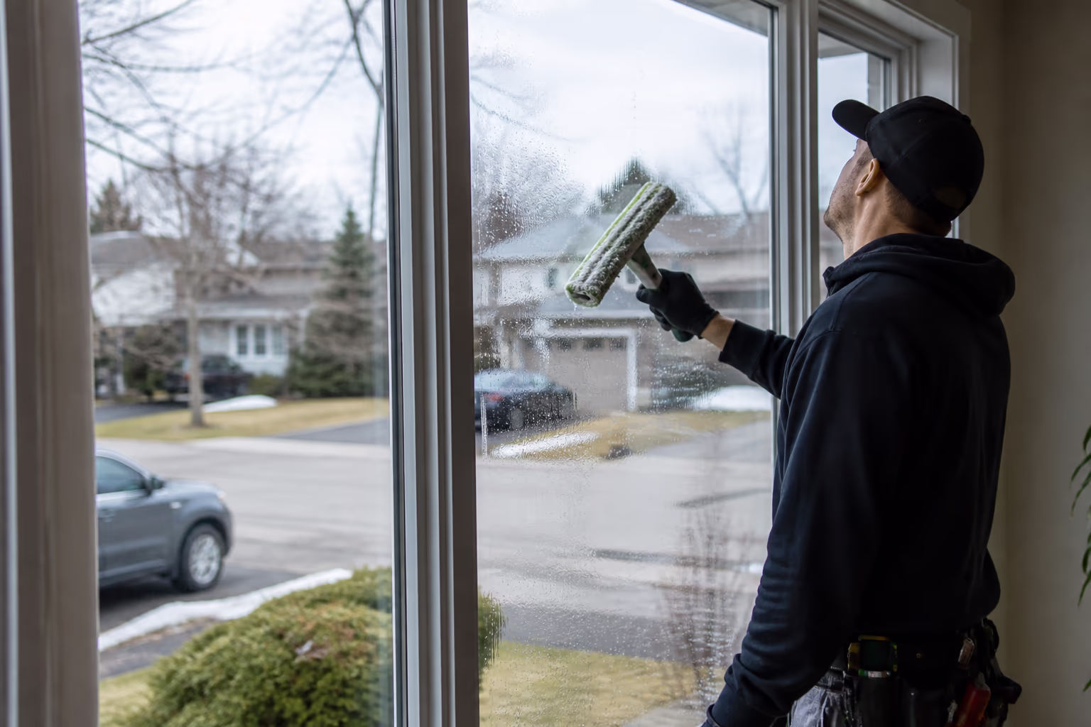Cleaner squeegeeing a house window from inside, looking out over an Ottawa street