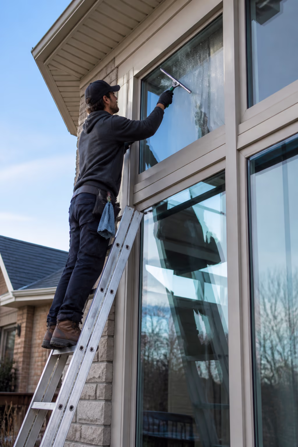 A portrait of a professional window cleaner on a ladder cleaning the upper windows of a two-storey Ottawa home, wearing safety gear and drawing a squeegee down a pane.