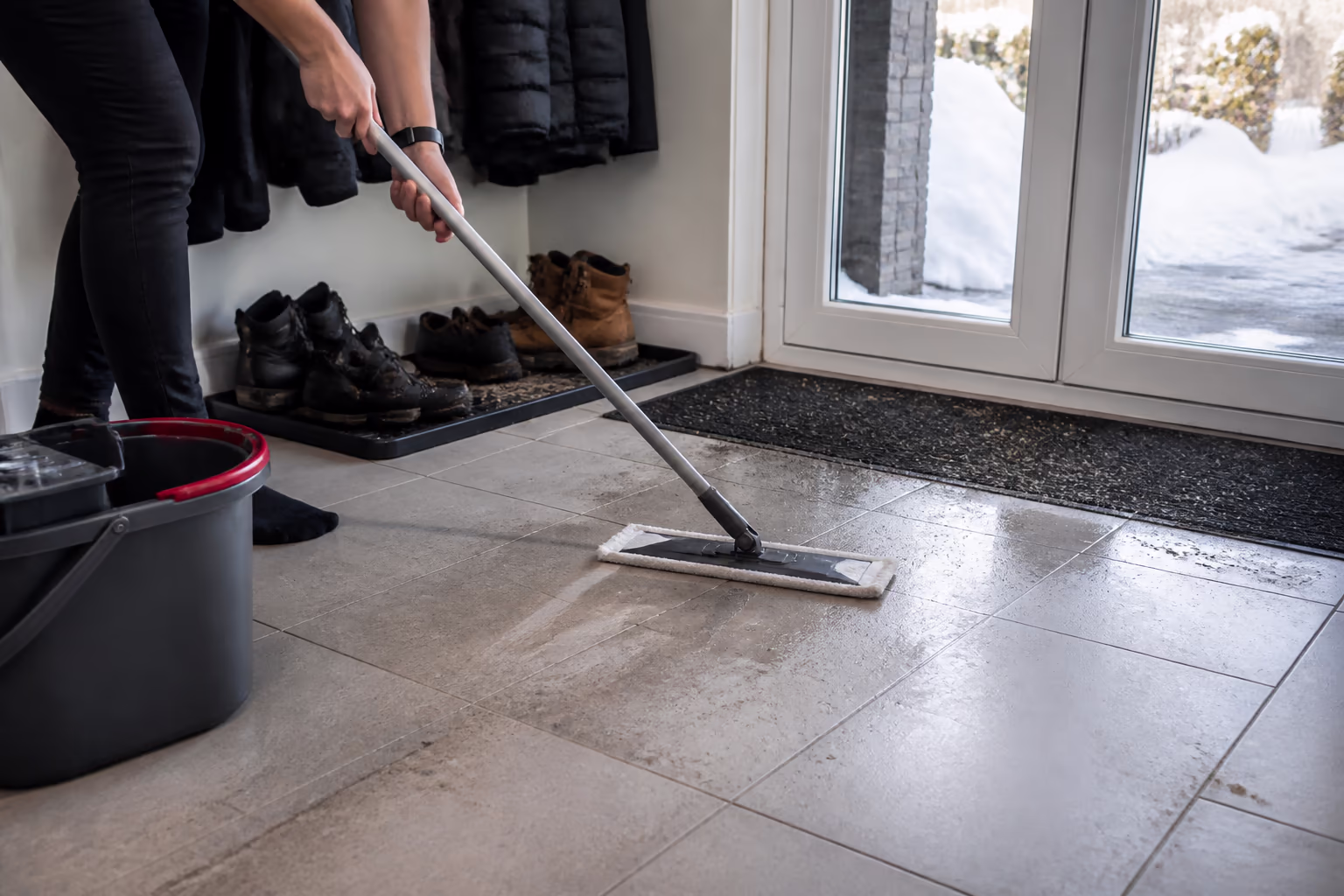 A landscape view of a mop and bucket staged at an Ottawa entryway in late winter, salt and sand marks on the floor tiles being wiped away before they travel through the house.