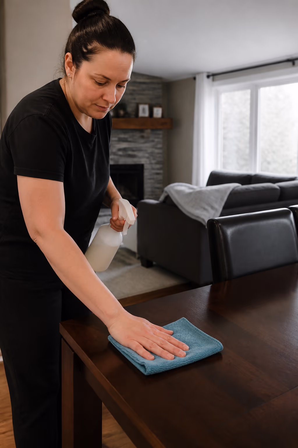 A portrait of a professional cleaner spraying a microfibre cloth with a certified cleaning product at an Ottawa home, wiping a high-touch surface during a scheduled visit.