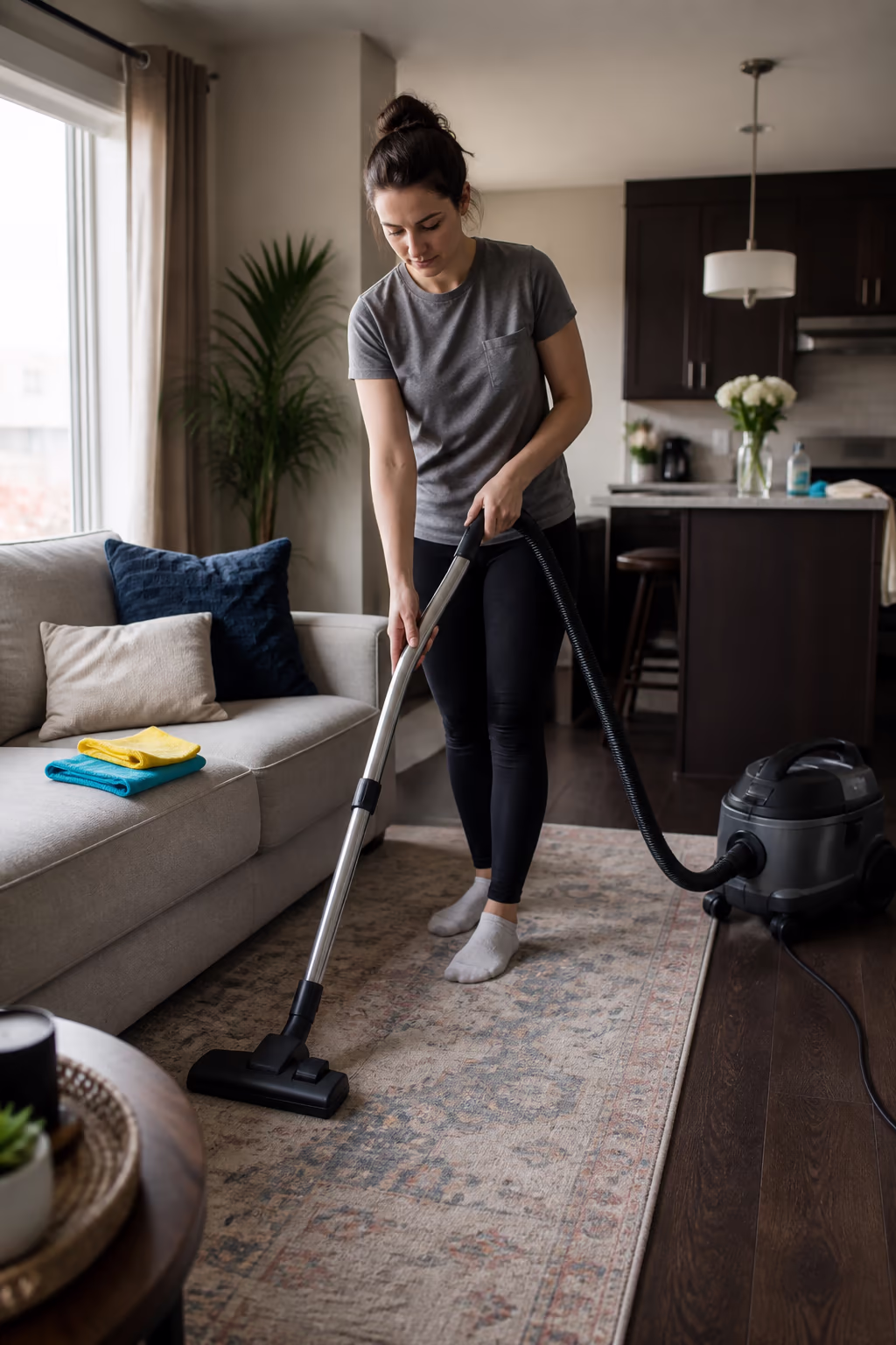 A portrait view of a living room mid-clean in an Ottawa home, with a vacuum and microfibre cloths staged on the sofa and floors ready for the weekly reset.