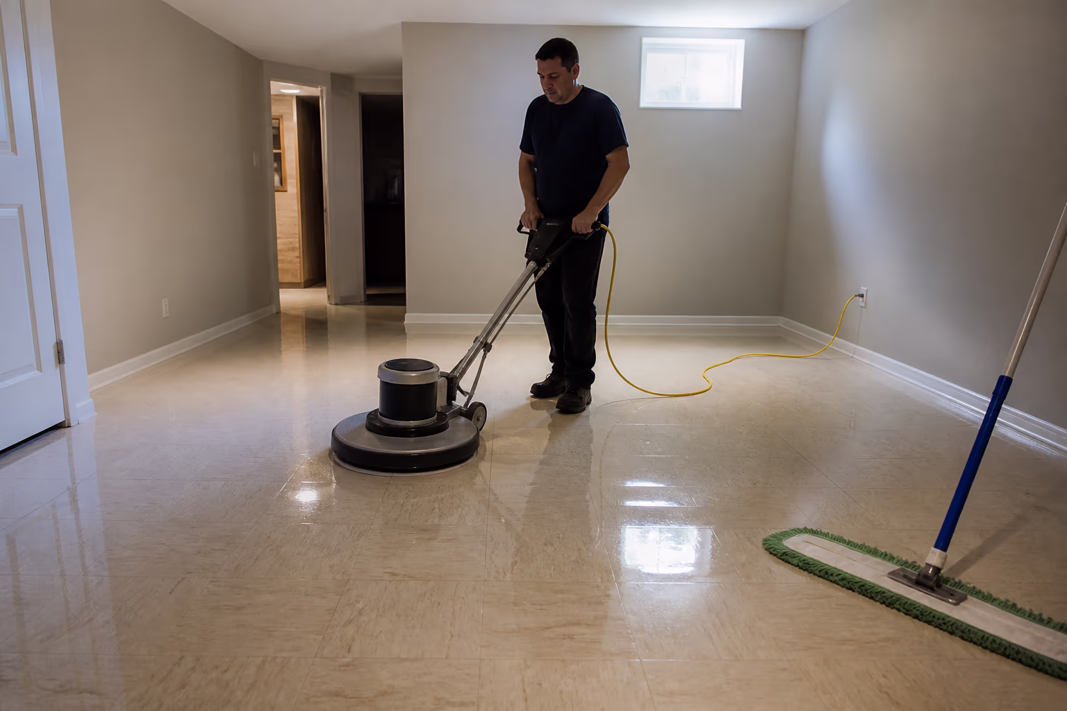A professional floor-care technician buffing a freshly waxed vinyl composition tile floor in an Ottawa corridor, a wheeled floor machine and microfibre mop staged at the ready.