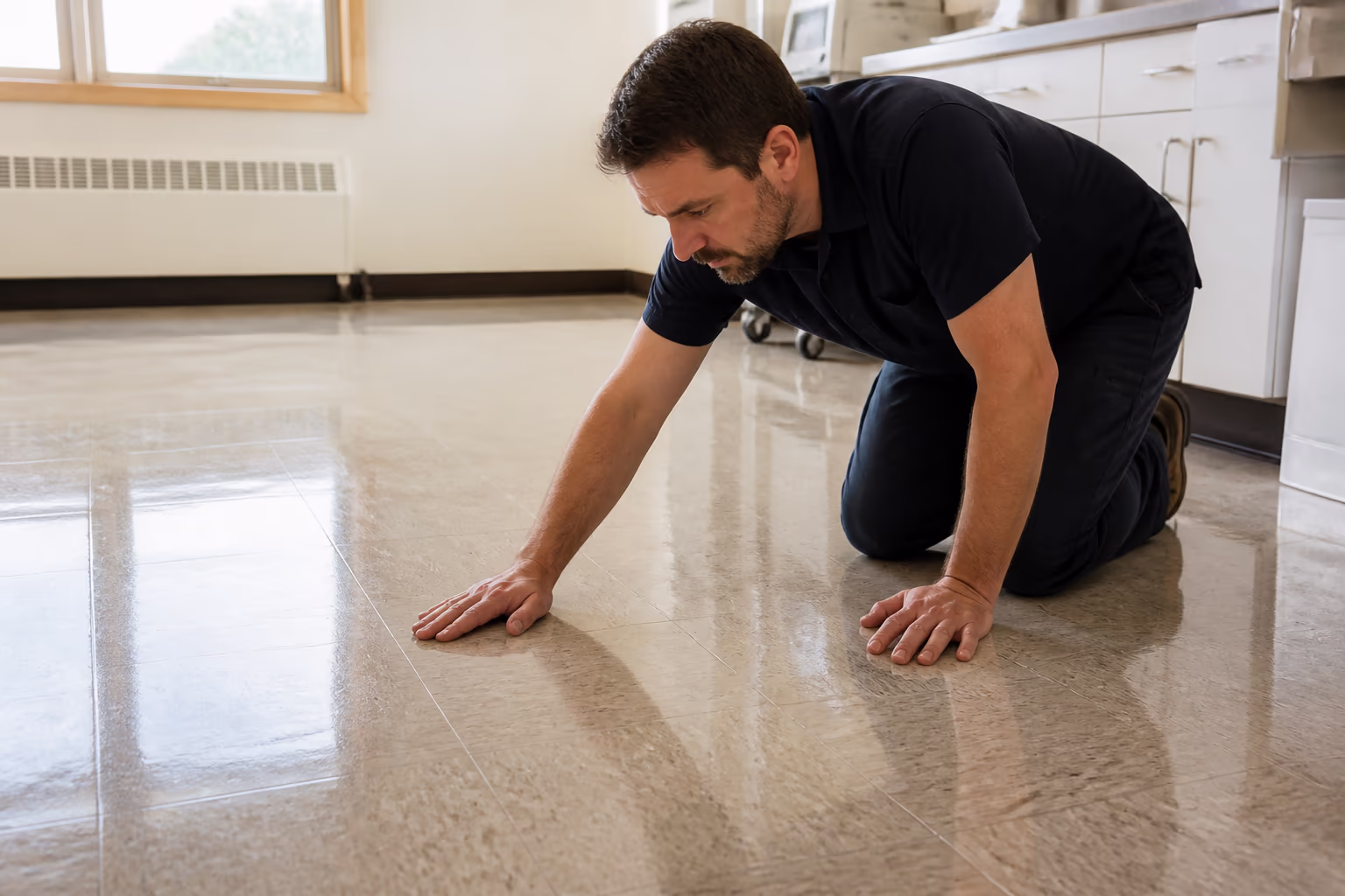 A square close-up of a technician inspecting the shine on a freshly finished vinyl floor, running a hand across the surface to check for dull patches and scuffs between coats.