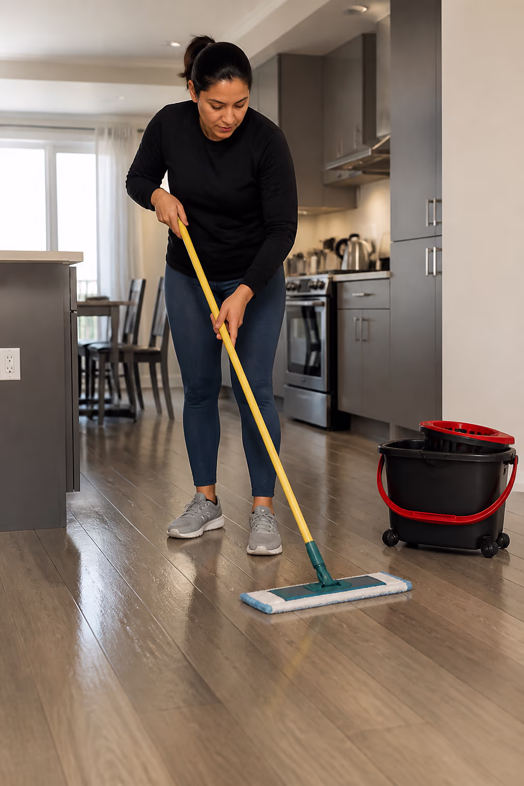 A portrait of a cleaner damp-mopping a finished kitchen floor with a pH-neutral solution and microfibre mop during the weekly maintenance routine at an Ottawa home.