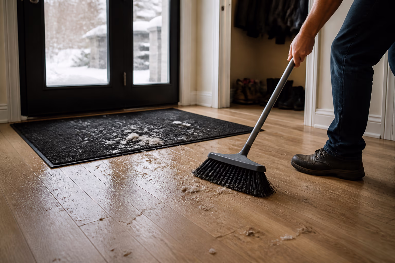 A landscape view of an Ottawa entryway in late winter, salt and sand tracked across the floor being swept up beside a floor mat that stops the grit at the door.