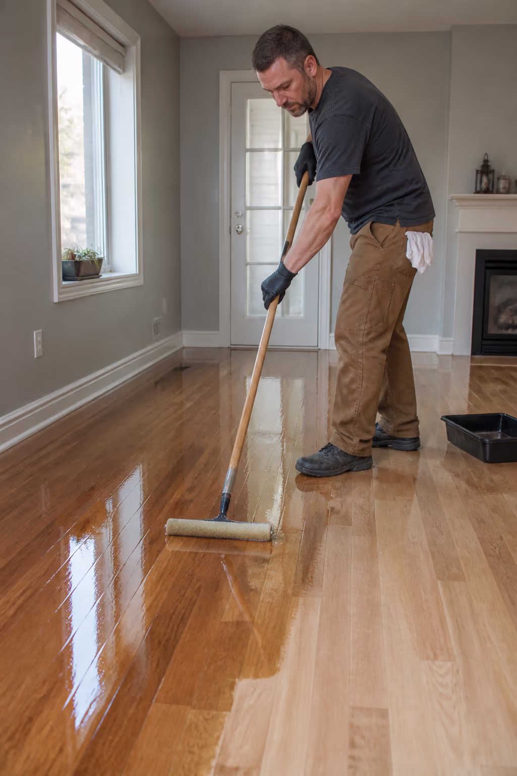 A portrait of a floor-care technician applying a thin coat of finish with an applicator in an Ottawa commercial space, ventilation and safety gloves in place.