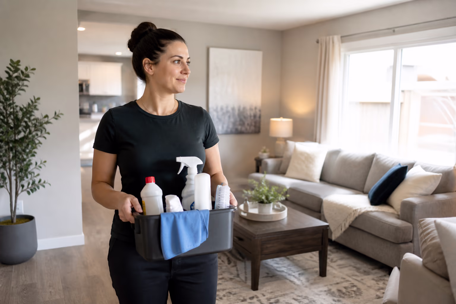 A residential cleaner holding a caddy of cleaning supplies in a bright Ottawa living room during a weekly home cleaning visit, ready to work through the household's most-used items.