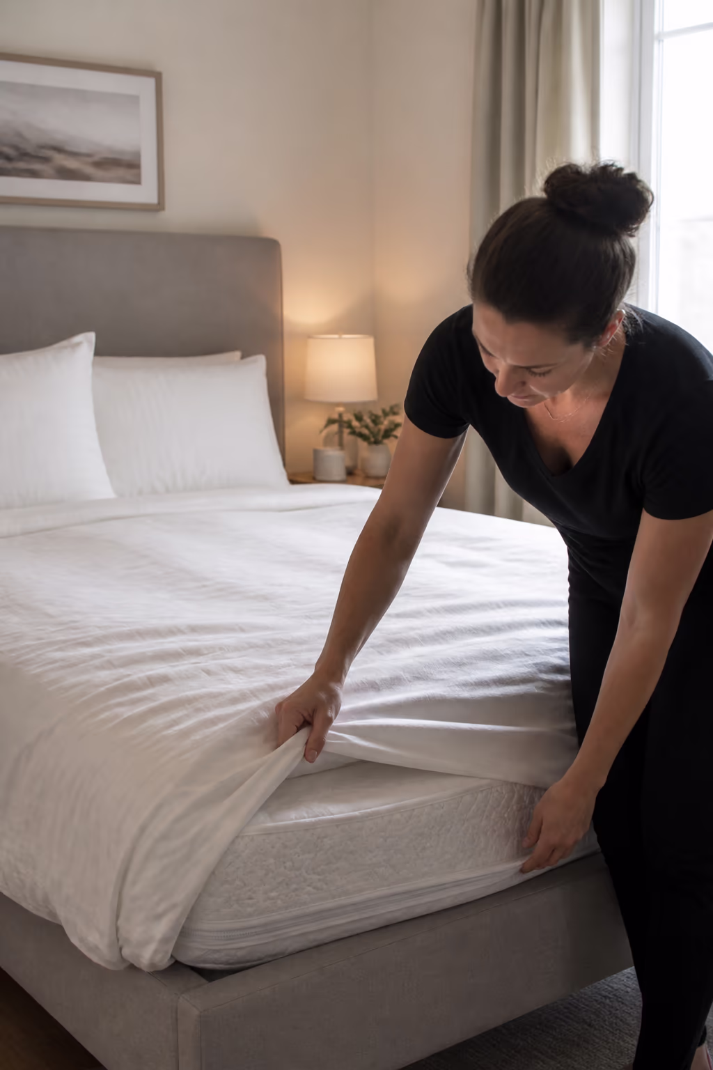 A portrait of a tidy Ottawa bedroom with freshly washed sheets, a mattress protector at the corner and a neat headboard, the result of keeping bedding and the mattress on a reliable cadence.