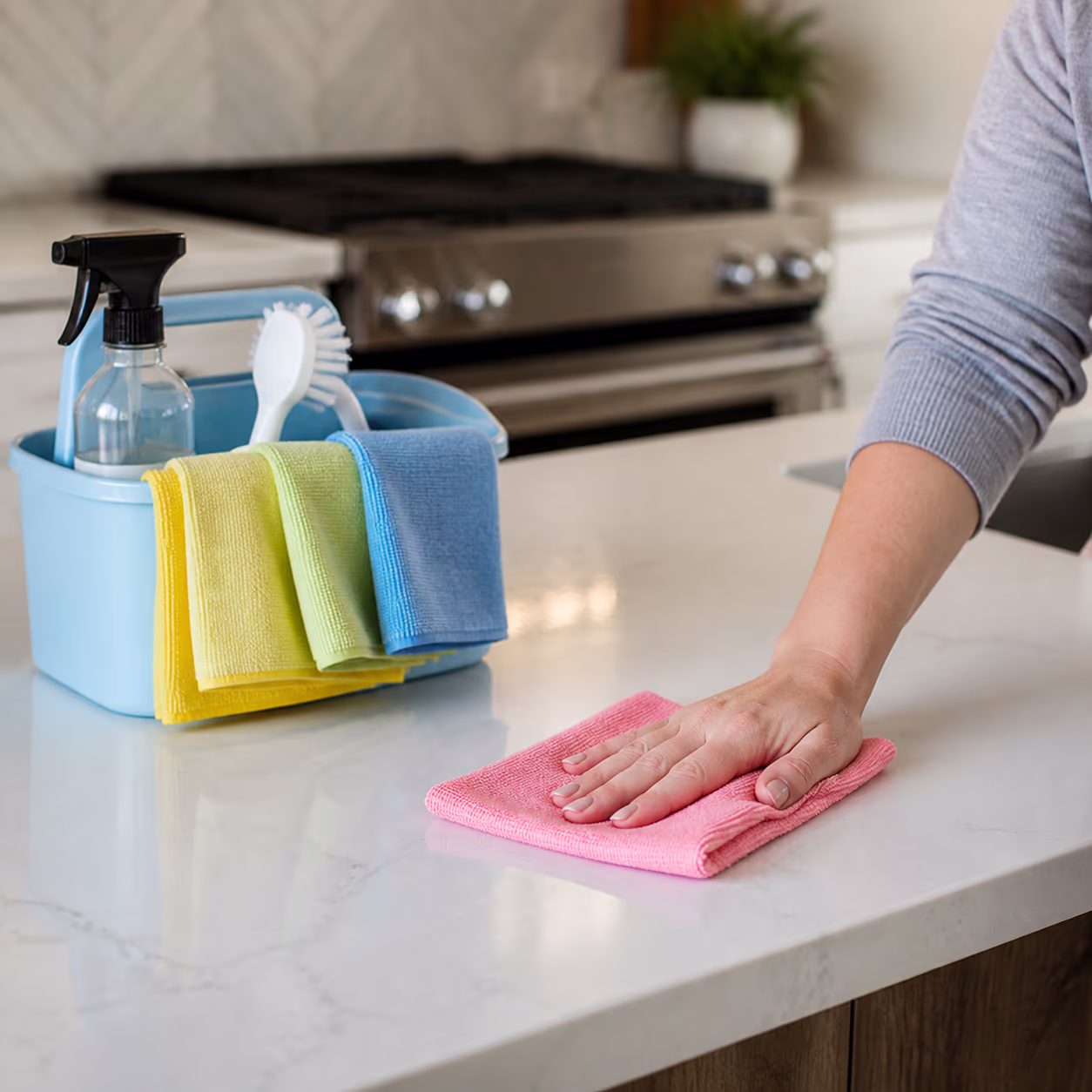 A square close-up of a household cleaning caddy on a kitchen counter with colour-coded microfibre cloths, an all-purpose cleaner and a soft brush, the basics that keep the ten most-used household items on schedule.