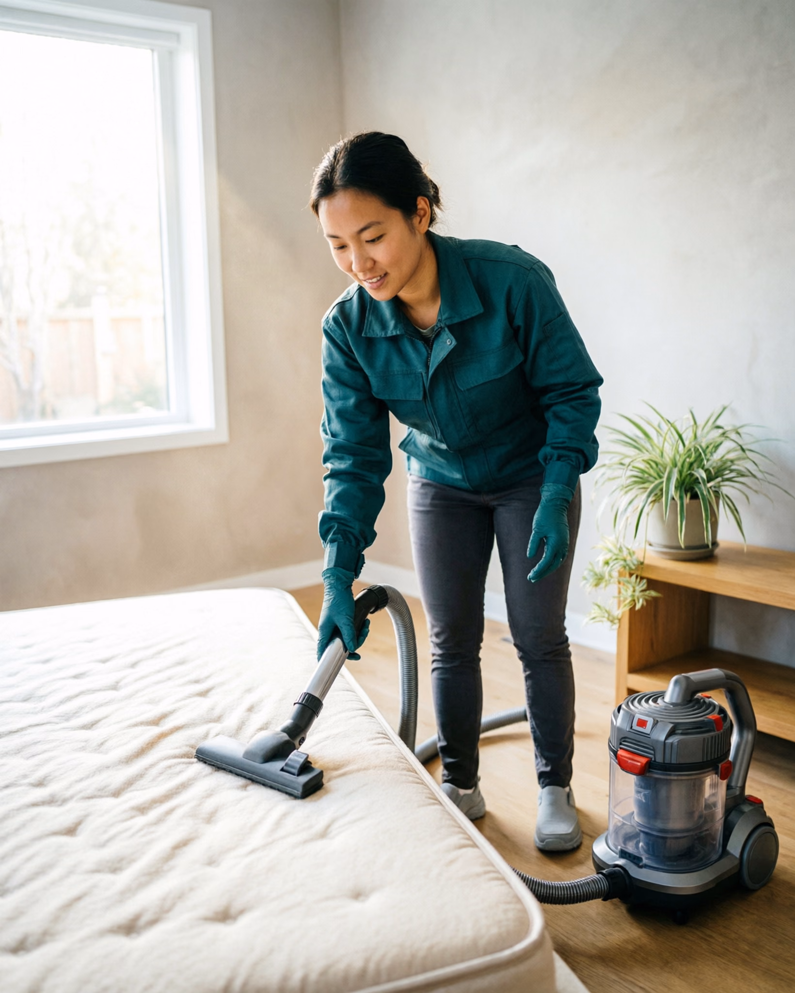 A portrait of a cleaning technician deep-cleaning an oven rack and a mattress with a HEPA vacuum attachment in an Ottawa home, the deep items that benefit most from a professional team.